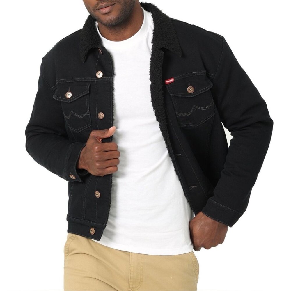 ❤️ Wrangler fleece lined Black Denim Jacket for Men XXL